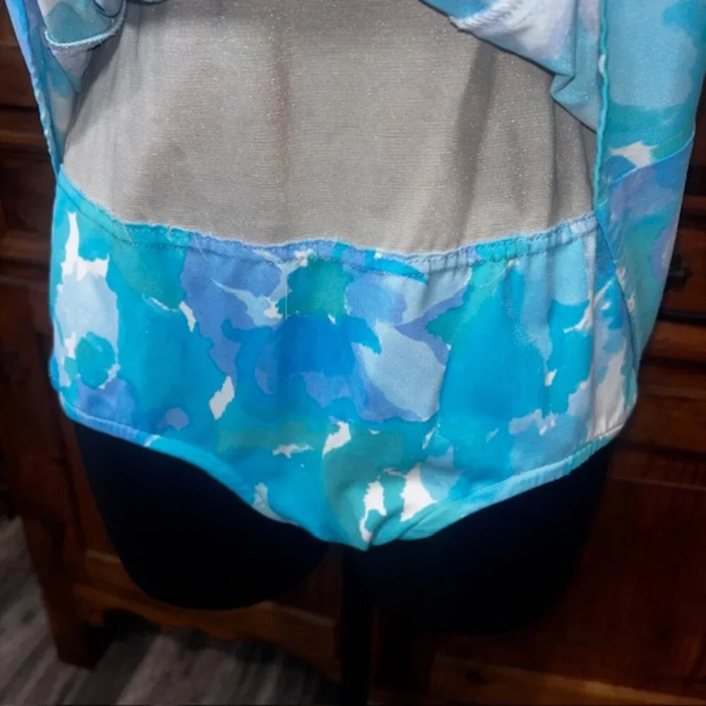Sea Waves One Piece Swimdress Swimsuit Blue Floral Size 10 Retro Style